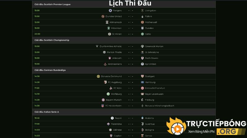 Lịch thi đấu mở rộng thông tin chi tiết từng giải đấu